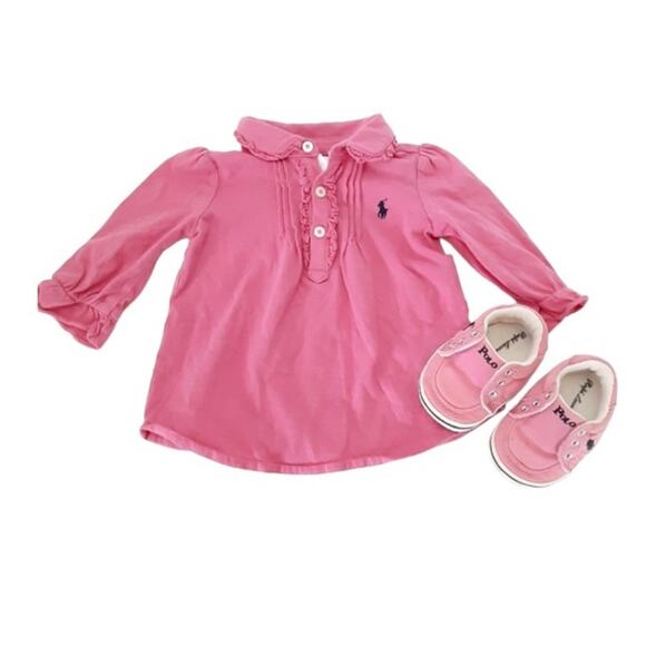 Ralph Lauren Baby Girl 3mo Pink Polo Shirt + Embroidered Slip On Sneakers Set - Picture 1 of 15